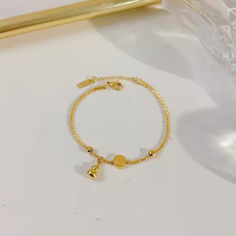 Chinese "Fu" Gourd Bracelet – Stainless Steel with Round Beads for Prosperity & Blessings