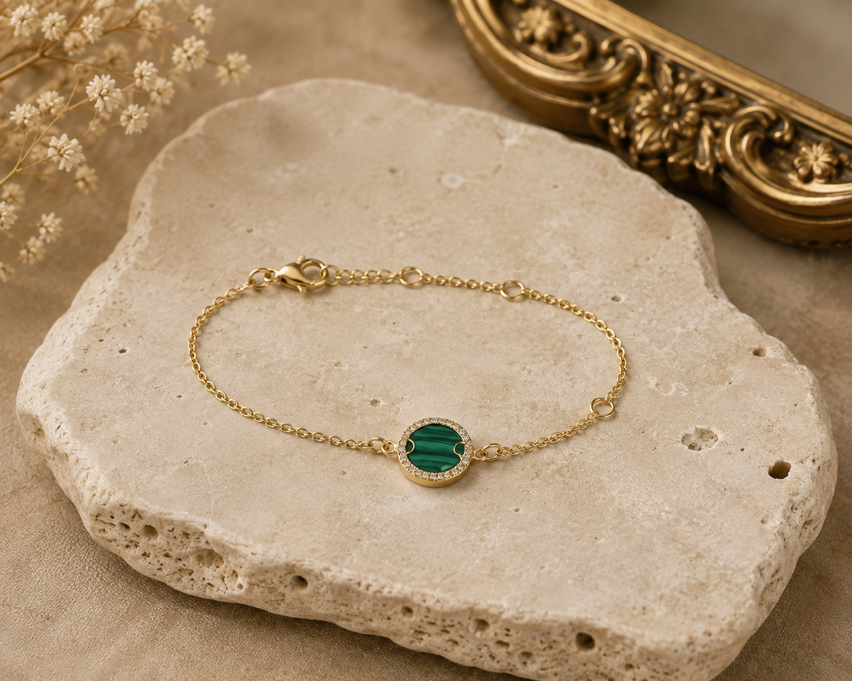 Malachite 925 Sterling Silver Gold-Color & Zirconia Bracelet – Transformation, Protection & Abundance