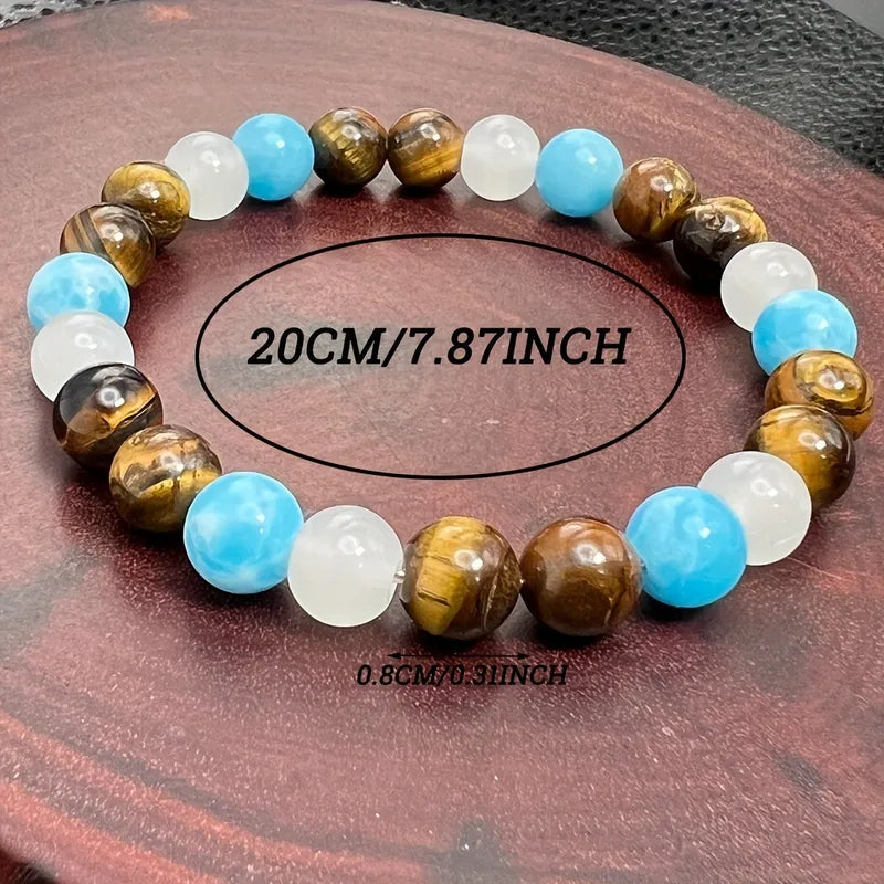 Natural Tiger Eye, Sea Blue Gem & White Crystal Bracelet – Elegant Wealth & Prosperity Jewelry