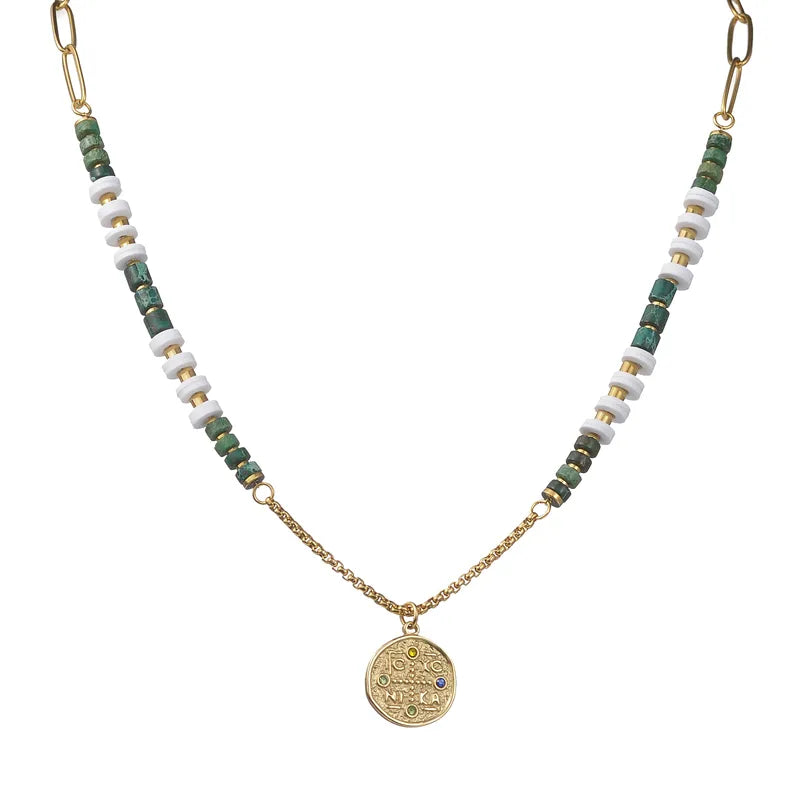 14K Gold-Plated Stainless Steel Necklace with Obsidian, Hematite, Soft Clay Inlay & Byzantine Cross Pendant
