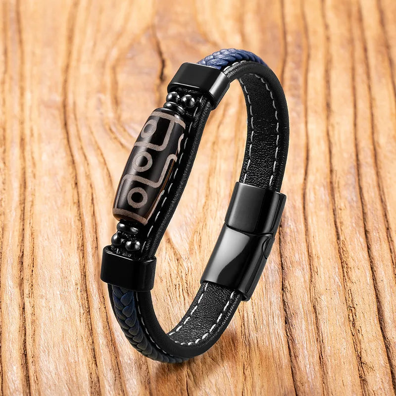 Tibetan Nine-Eyed Agate Leather Bracelet - Men