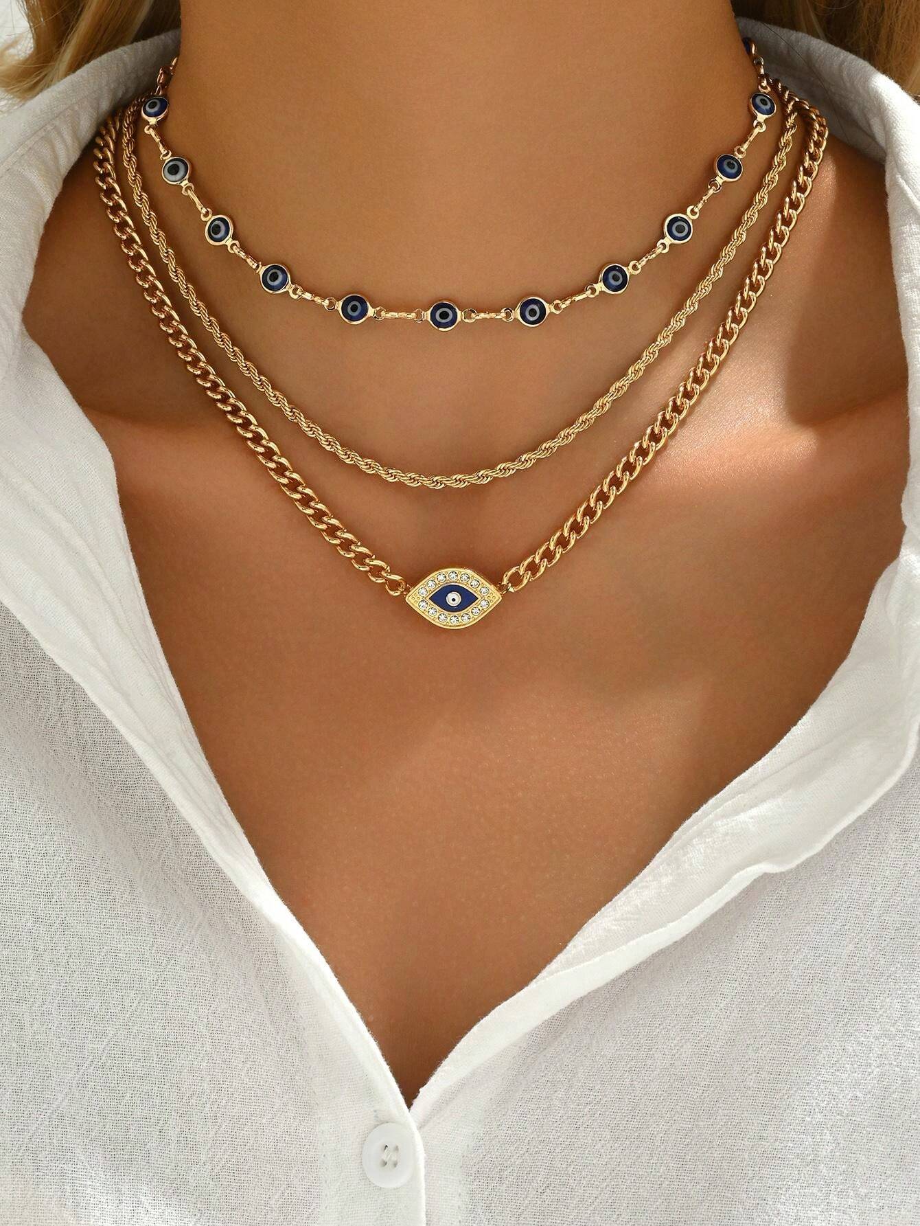 3-Piece Metal Chain Evil Eye Pendant Necklace Set – Minimalist Choker Jewelry for Women