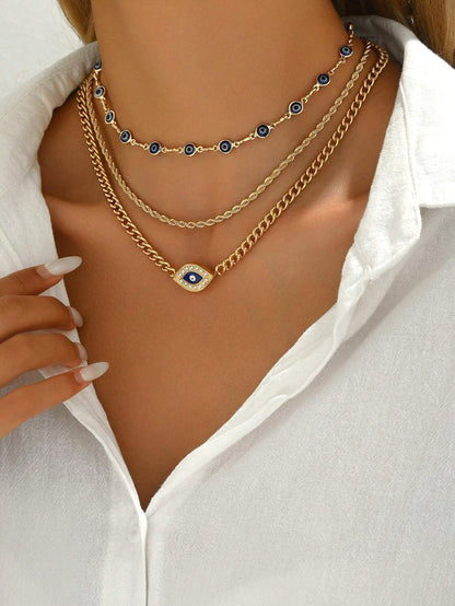 3-Piece Metal Chain Evil Eye Pendant Necklace Set – Minimalist Choker Jewelry for Women