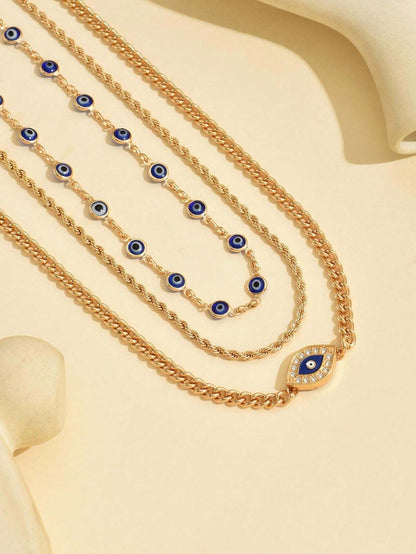3-Piece Metal Chain Evil Eye Pendant Necklace Set – Minimalist Choker Jewelry for Women