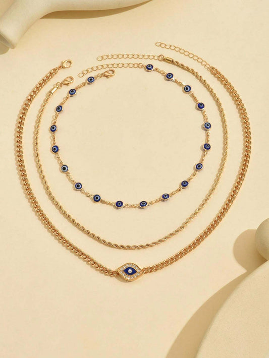 3-Piece Metal Chain Evil Eye Pendant Necklace Set – Minimalist Choker Jewelry for Women