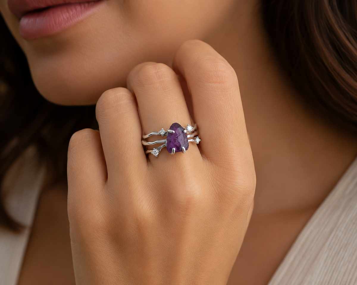 Natural Raw Amethyst 925 Sterling Silver & Zirconia Ring – Peace, Protection & Spiritual Clarity