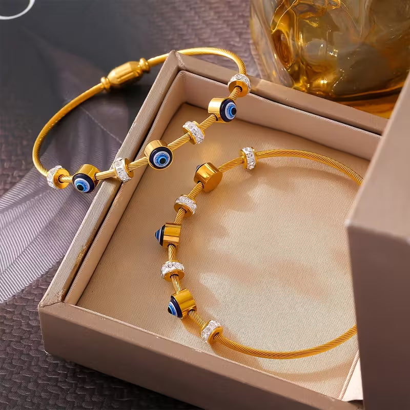 Elegant Beaded Chain Bracelet – 18K Gold-Plated Stainless Steel with Evil Eye & Sparkling Rhinestones