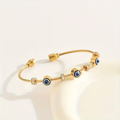 Elegant Beaded Chain Bracelet – 18K Gold-Plated Stainless Steel with Evil Eye & Sparkling Rhinestones