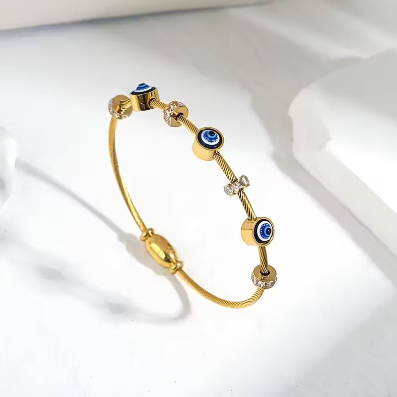 Elegant Beaded Chain Bracelet – 18K Gold-Plated Stainless Steel with Evil Eye & Sparkling Rhinestones