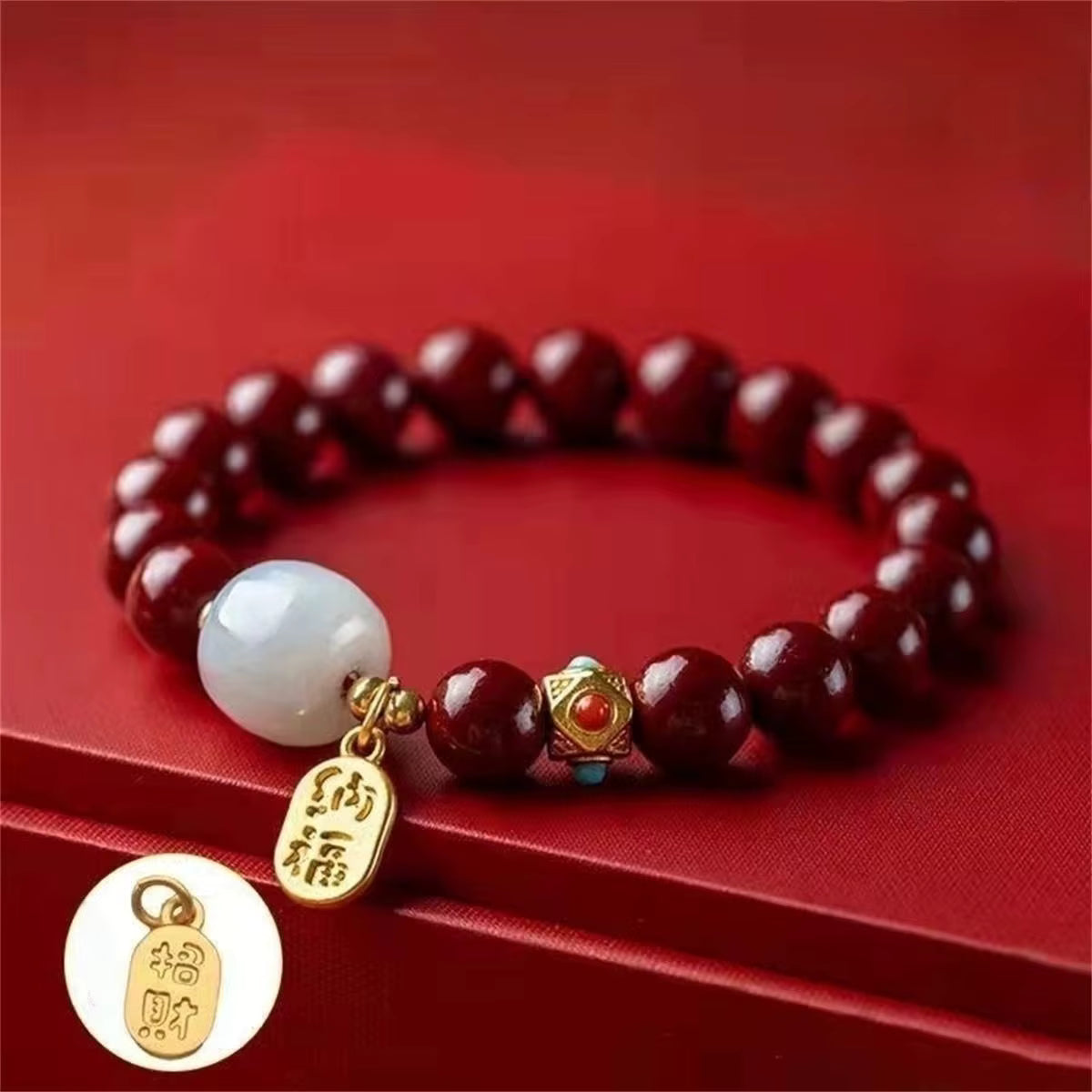 Red Chinese Style 'Na Fu' Pendant Beaded Bracelet – Handmade Lucky Charm