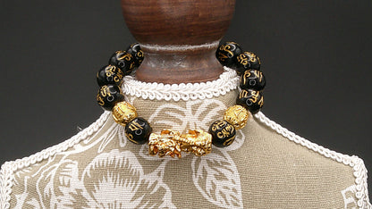 Obsidian Pi Xiu Wealth Bracelet – Golden Pi Xiu & Six-Word Mantra | Unisex