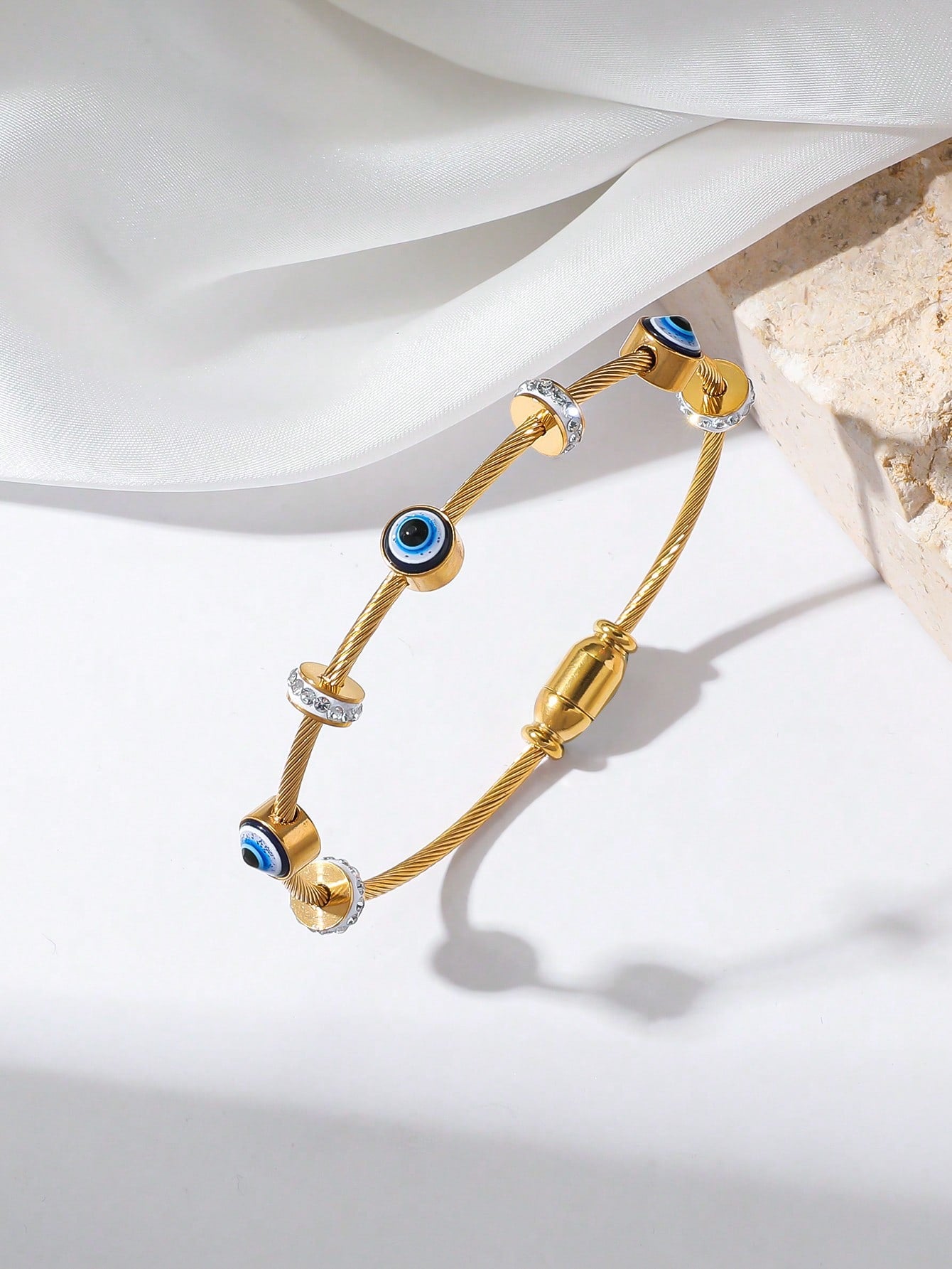 Elegant Beaded Chain Bracelet – 18K Gold-Plated Stainless Steel with Evil Eye & Sparkling Rhinestones