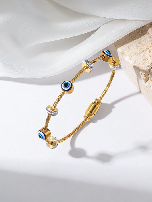 Elegant Beaded Chain Bracelet – 18K Gold-Plated Stainless Steel with Evil Eye & Sparkling Rhinestones