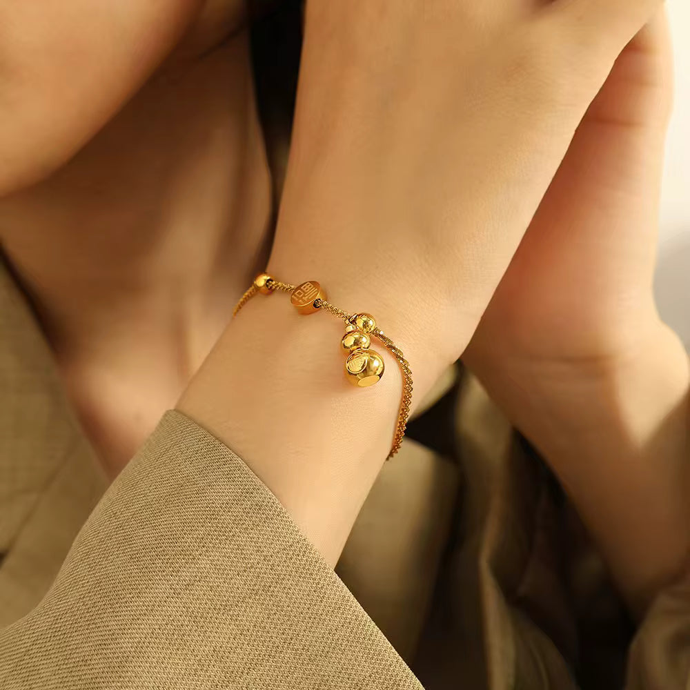 Chinese "Fu" Gourd Bracelet – Stainless Steel with Round Beads for Prosperity & Blessings