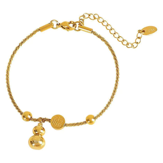 Chinese "Fu" Gourd Bracelet – Stainless Steel with Round Beads for Prosperity & Blessings
