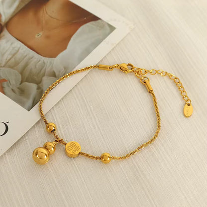 Chinese "Fu" Gourd Bracelet – Stainless Steel with Round Beads for Prosperity & Blessings