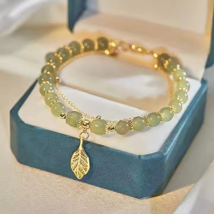 Luxury Gold-Plated Beaded Bracelet – Retro Hetian Jade Leaf Charm