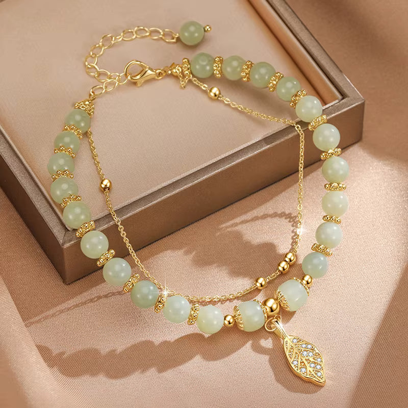 Luxury Gold-Plated Beaded Bracelet – Retro Hetian Jade Leaf Charm
