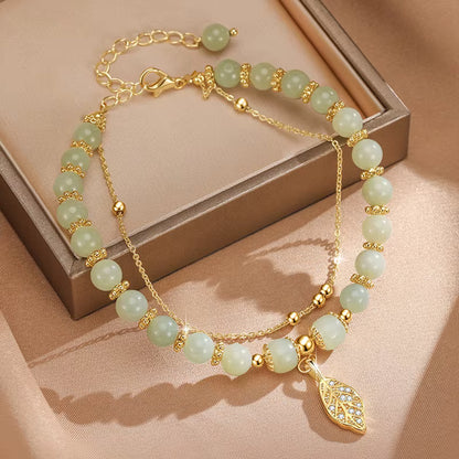 Luxury Gold-Plated Beaded Bracelet – Retro Hetian Jade Leaf Charm