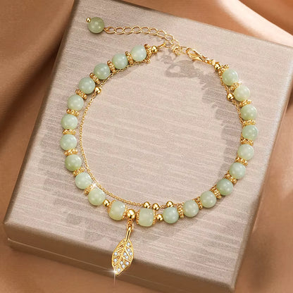 Luxury Gold-Plated Beaded Bracelet – Retro Hetian Jade Leaf Charm
