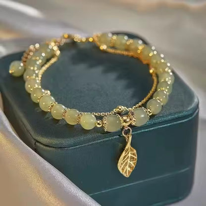 Luxury Gold-Plated Beaded Bracelet – Retro Hetian Jade Leaf Charm