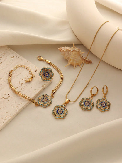 Gold-Plated Devil's Eye Flower Jewelry Set – Pendant, Earrings, Ring, Bracelet & Necklace