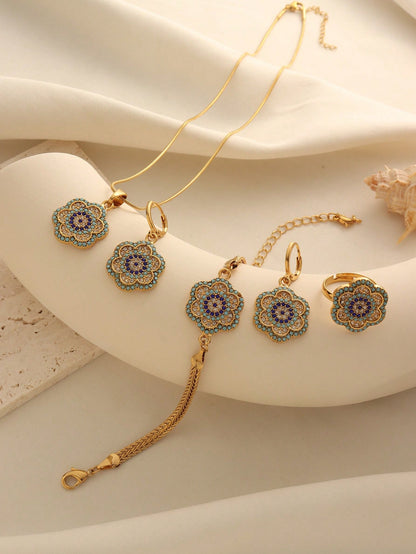 Gold-Plated Devil's Eye Flower Jewelry Set – Pendant, Earrings, Ring, Bracelet & Necklace
