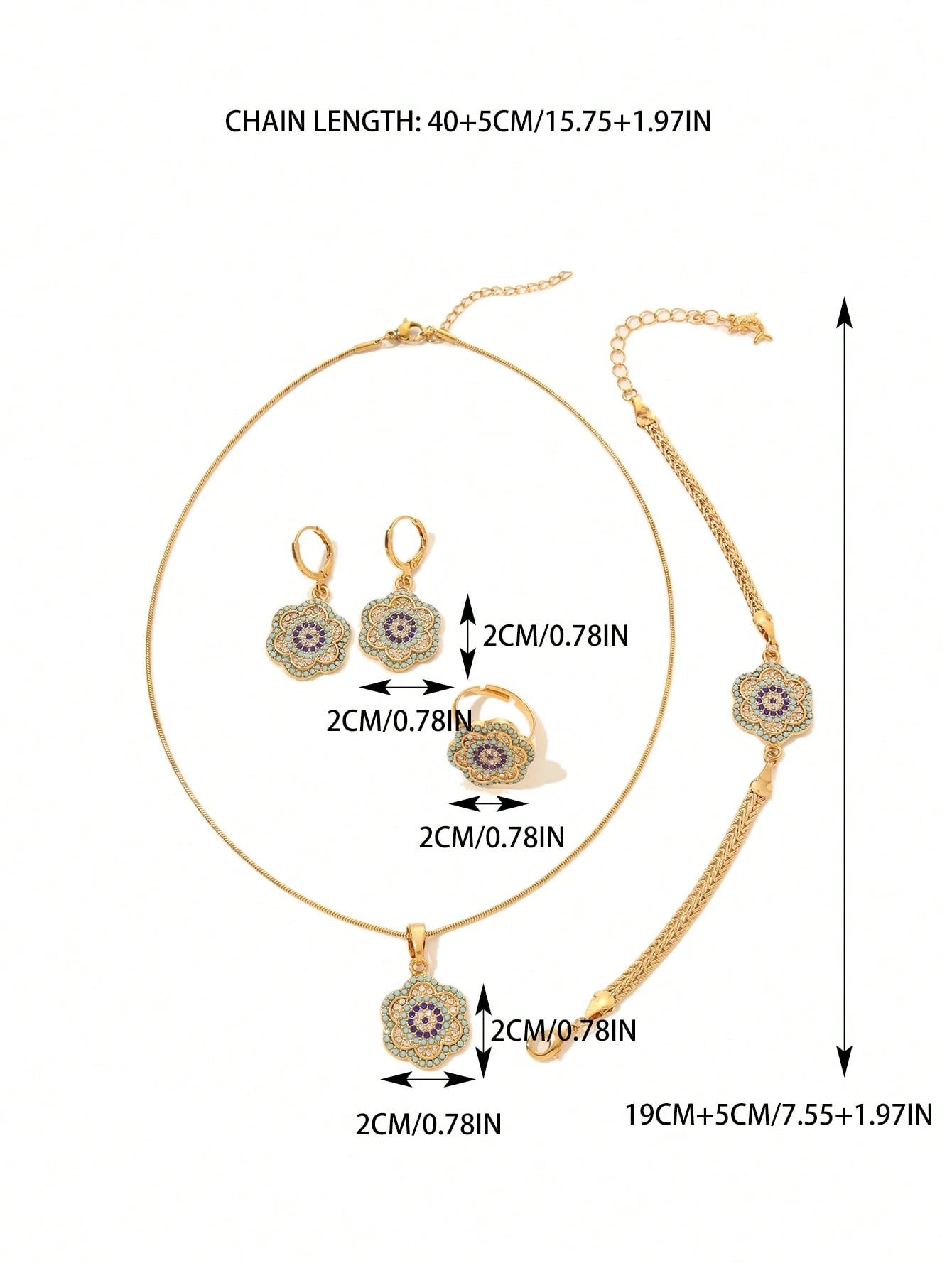 Gold-Plated Devil's Eye Flower Jewelry Set – Pendant, Earrings, Ring, Bracelet & Necklace