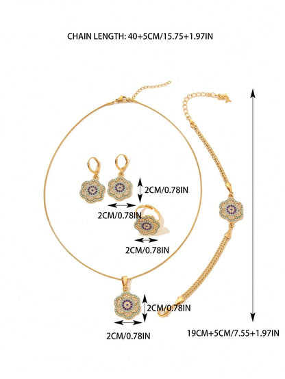 Gold-Plated Devil's Eye Flower Jewelry Set – Pendant, Earrings, Ring, Bracelet & Necklace