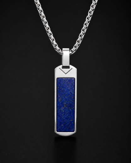 Men’s Lapis Lazuli Bar Pendant Necklace – Natural Blue Stone Stainless Steel Necklace with Chain