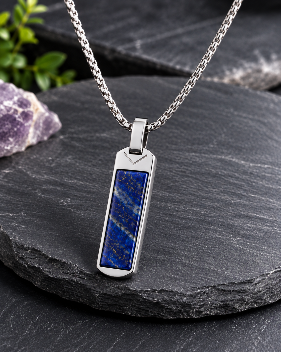 Men’s Lapis Lazuli Bar Pendant Necklace – Natural Blue Stone Stainless Steel Necklace with Chain