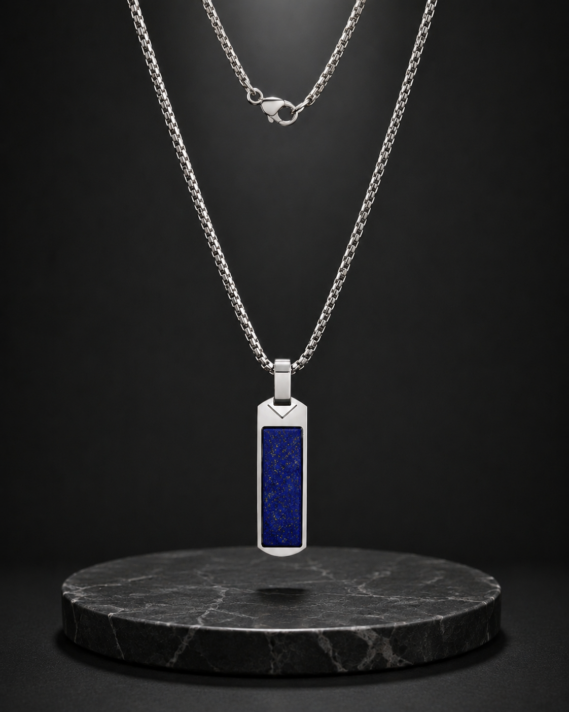 Men’s Lapis Lazuli Bar Pendant Necklace – Natural Blue Stone Stainless Steel Necklace with Chain