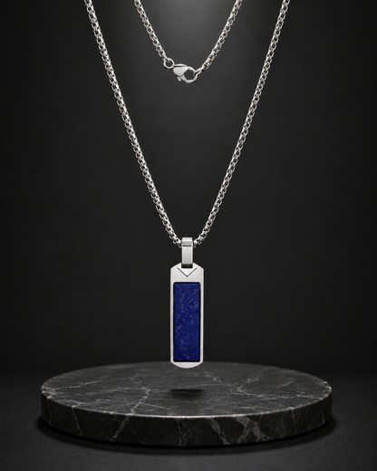 Men’s Lapis Lazuli Bar Pendant Necklace – Natural Blue Stone Stainless Steel Necklace with Chain