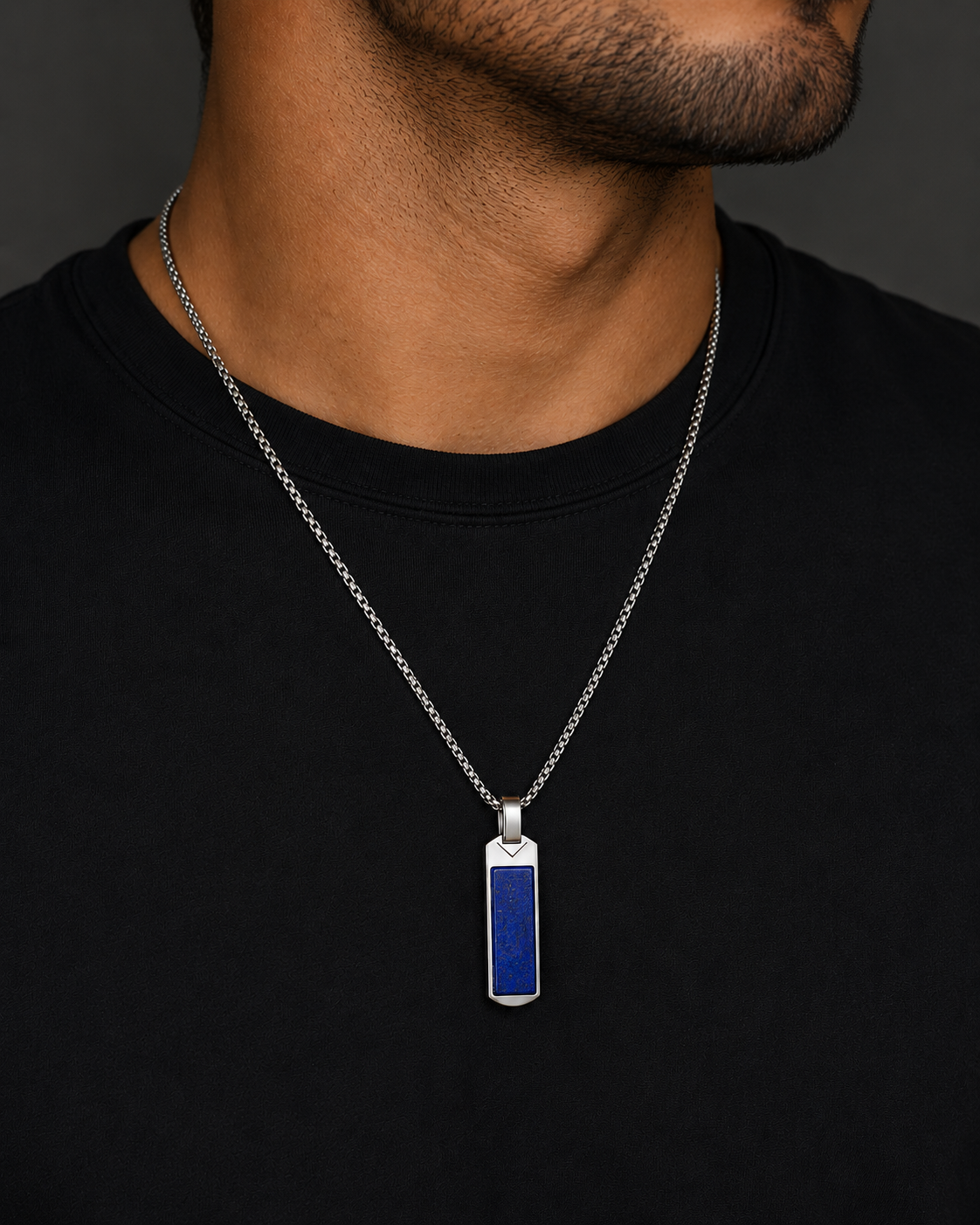 Men’s Lapis Lazuli Bar Pendant Necklace – Natural Blue Stone Stainless Steel Necklace with Chain