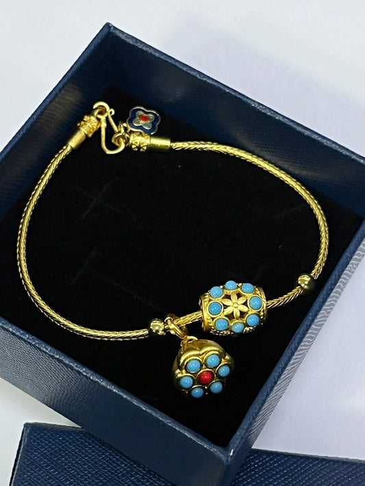Vintage Gold-Plated Adjustable Bracelet – Lapis Lazuli Lotus Design