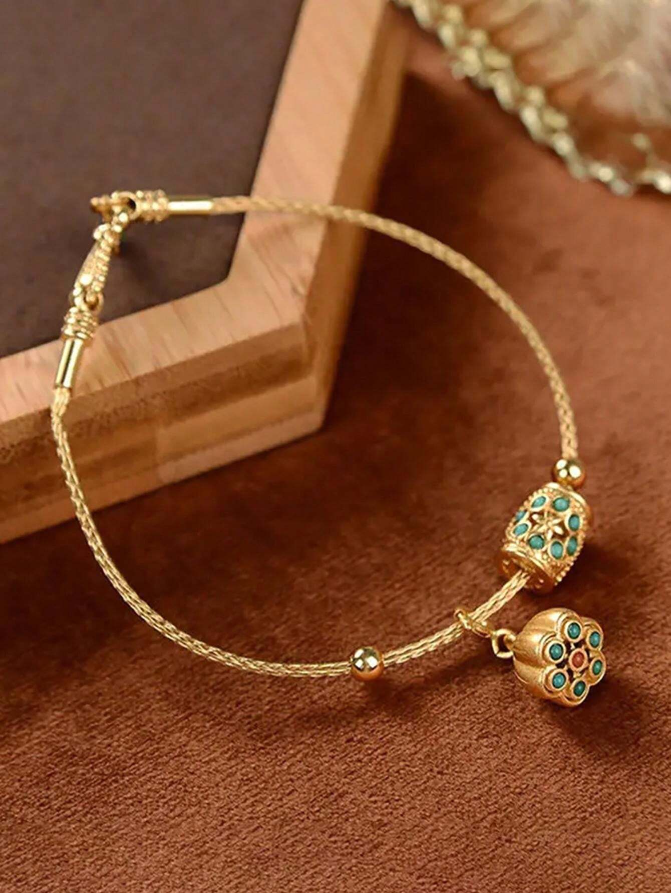 Vintage Gold-Plated Adjustable Bracelet – Lapis Lazuli Lotus Design