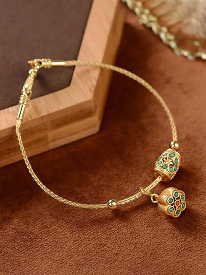 Vintage Gold-Plated Adjustable Bracelet – Lapis Lazuli Lotus Design