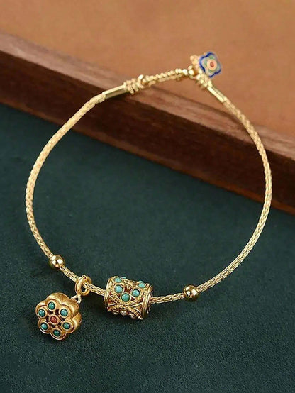 Vintage Gold-Plated Adjustable Bracelet – Lapis Lazuli Lotus Design