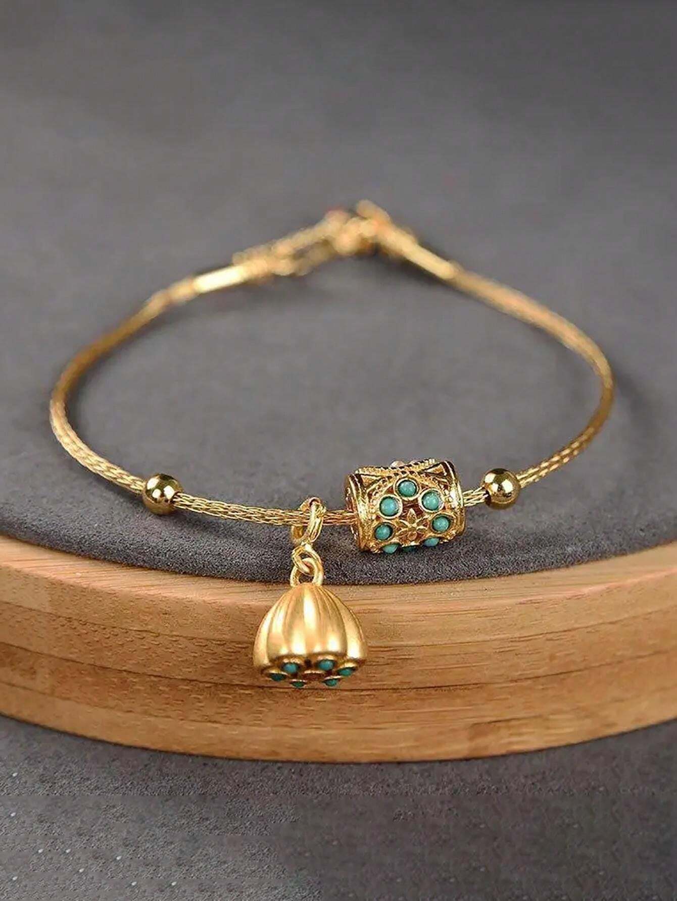 Vintage Gold-Plated Adjustable Bracelet – Lapis Lazuli Lotus Design