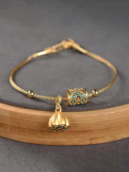 Vintage Gold-Plated Adjustable Bracelet – Lapis Lazuli Lotus Design