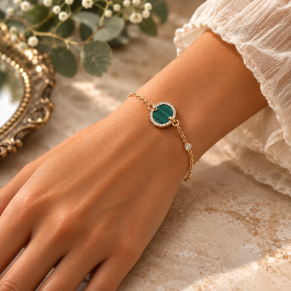 Malachite 925 Sterling Silver Gold-Color & Zirconia Bracelet – Transformation, Protection & Abundance