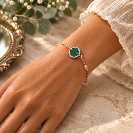 Malachite 925 Sterling Silver Gold-Color & Zirconia Bracelet – Transformation, Protection & Abundance