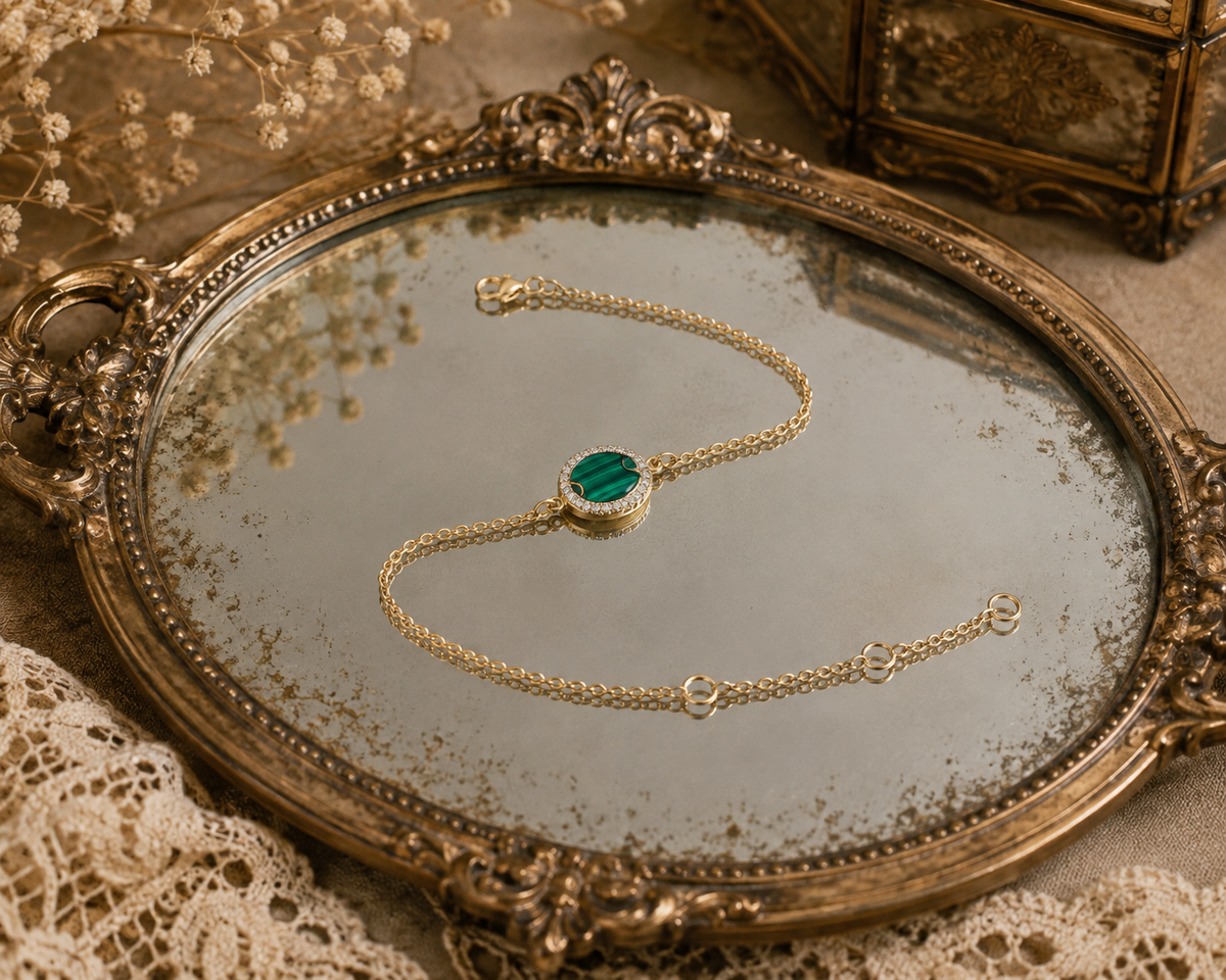 Malachite 925 Sterling Silver Gold-Color & Zirconia Bracelet – Transformation, Protection & Abundance