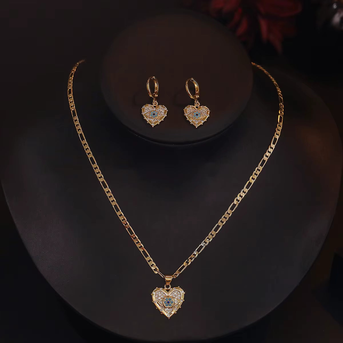 18K Gold-Plated Turkish Evil Eye Jewelry Set – Blue Drop Earrings & Pendant Necklace