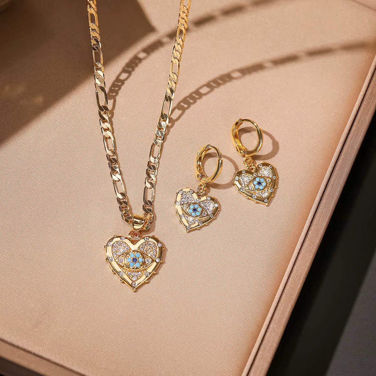 18K Gold-Plated Turkish Evil Eye Jewelry Set – Blue Drop Earrings & Pendant Necklace