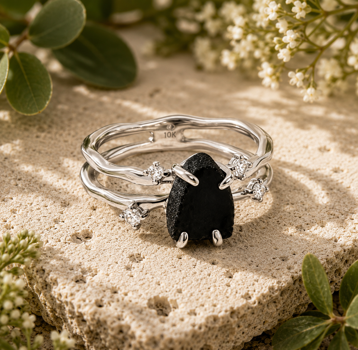 Natural Raw Obsidian 925 Sterling Silver Ring with Cubic Zirconia – Women’s Protection Gemstone Statement Ring