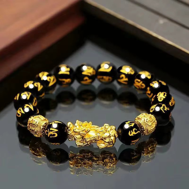 Obsidian Pi Xiu Wealth Bracelet – Golden Pi Xiu & Six-Word Mantra | Unisex