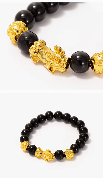 Obsidian Pi Xiu Wealth Bracelet – Golden Pi Xiu & Six-Word Mantra | Unisex