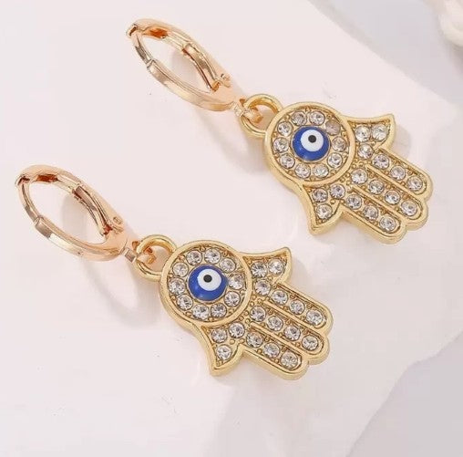 Hamsa & Evil Eye Earrings – European Style with Embedded Crystals