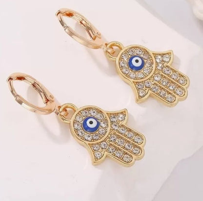 Hamsa & Evil Eye Earrings – European Style with Embedded Crystals